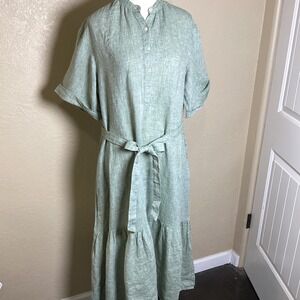 Haven Well Within Green 100% Linen Tiered Midi Shirt Dress Small NWT